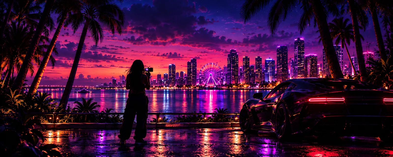 Concept artwork of a creator filming an imagined coastal city at twilight.