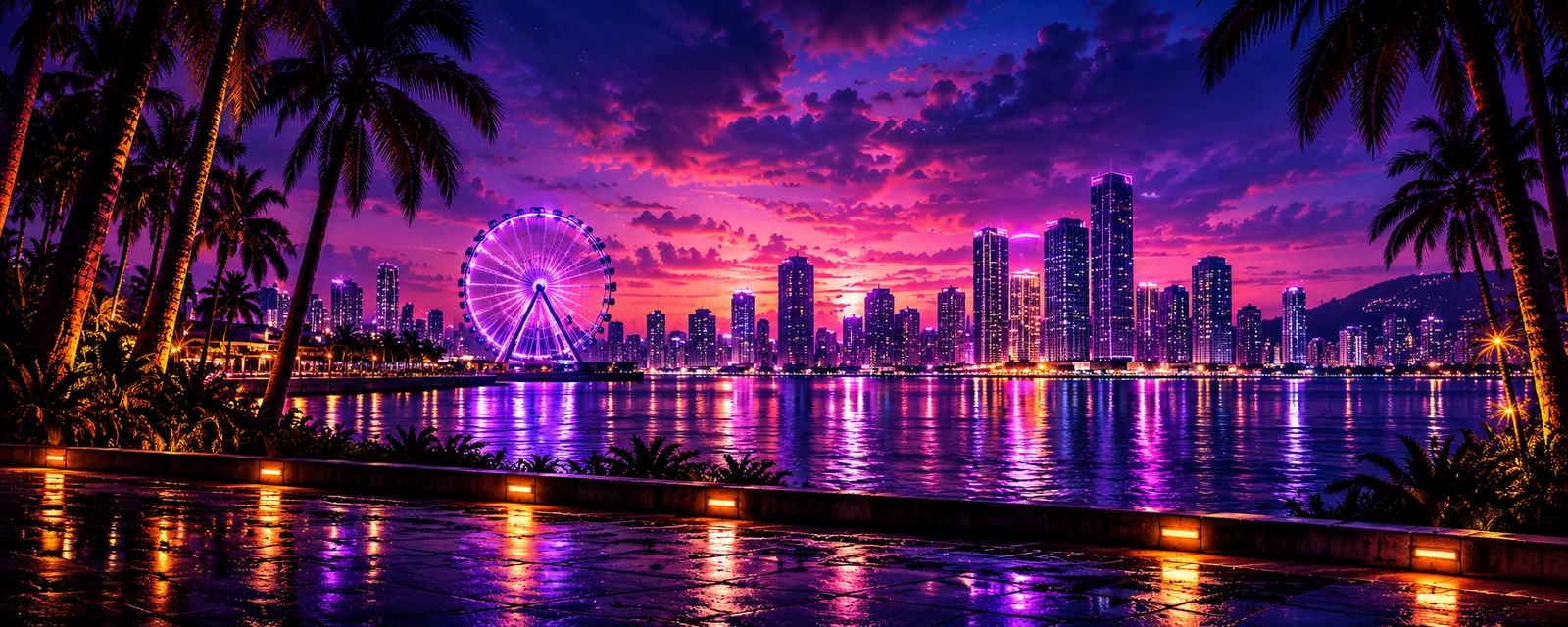 Concept artwork of a violet waterfront, illuminated wheel and palm-lined promenade.