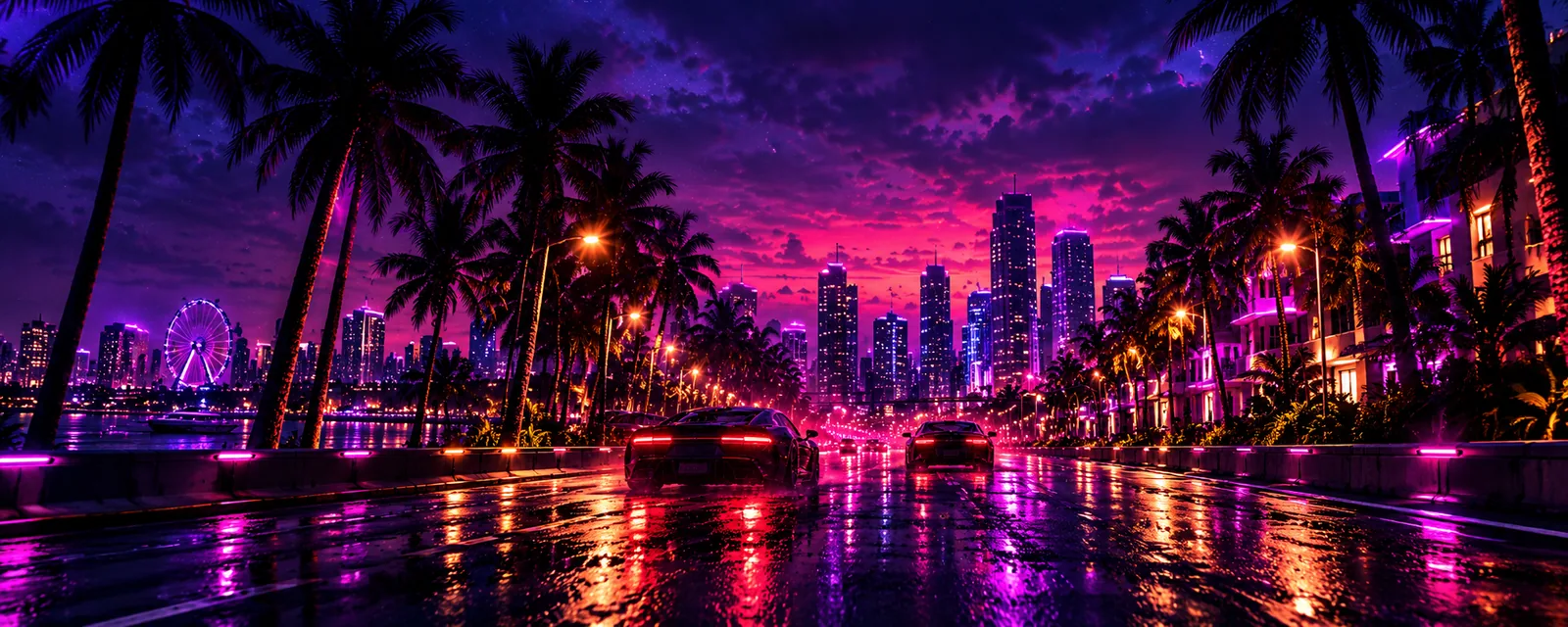Concept artwork of a tropical neon boulevard with cars and a distant skyline.